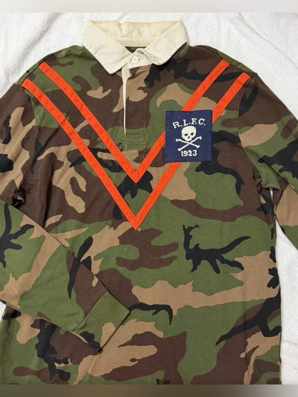 Polo by Ralph Lauren Men's Camo Rugby Shirt with Orange V Stripes